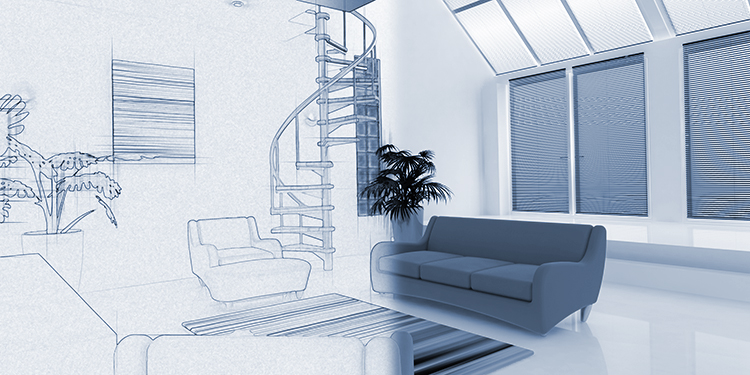 3D render of a contemporary interior with half in sketch phase