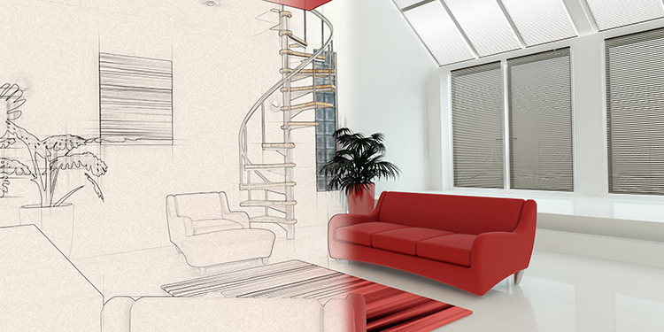 3D render of a contemporary interior with half in sketch phase
